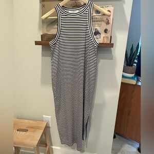 LOFT Chocolate Brown and White Striped Midi Dress